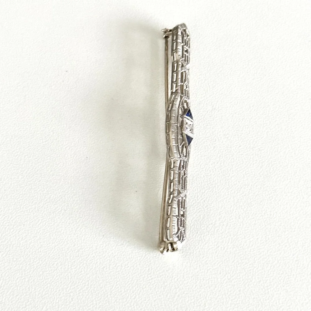 Antique 14K Solid White Gold Sapphire & Diamond Intricate Detail Bar Brooch Pin